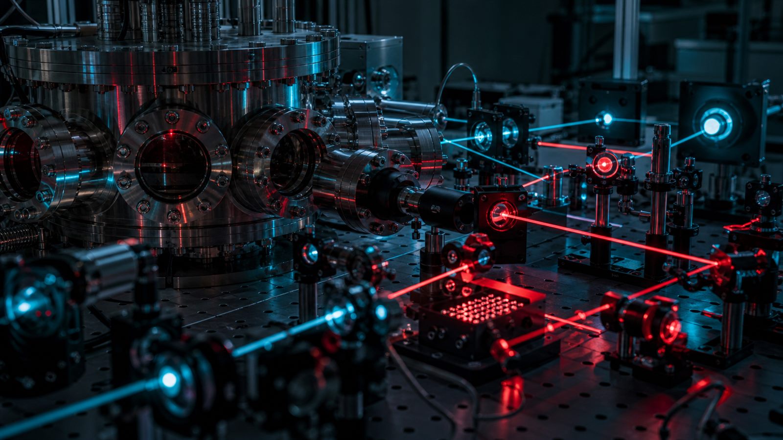 Precision laser system trapping a regular array of neutral atoms inside a vacuum chamber in a quantum laboratory