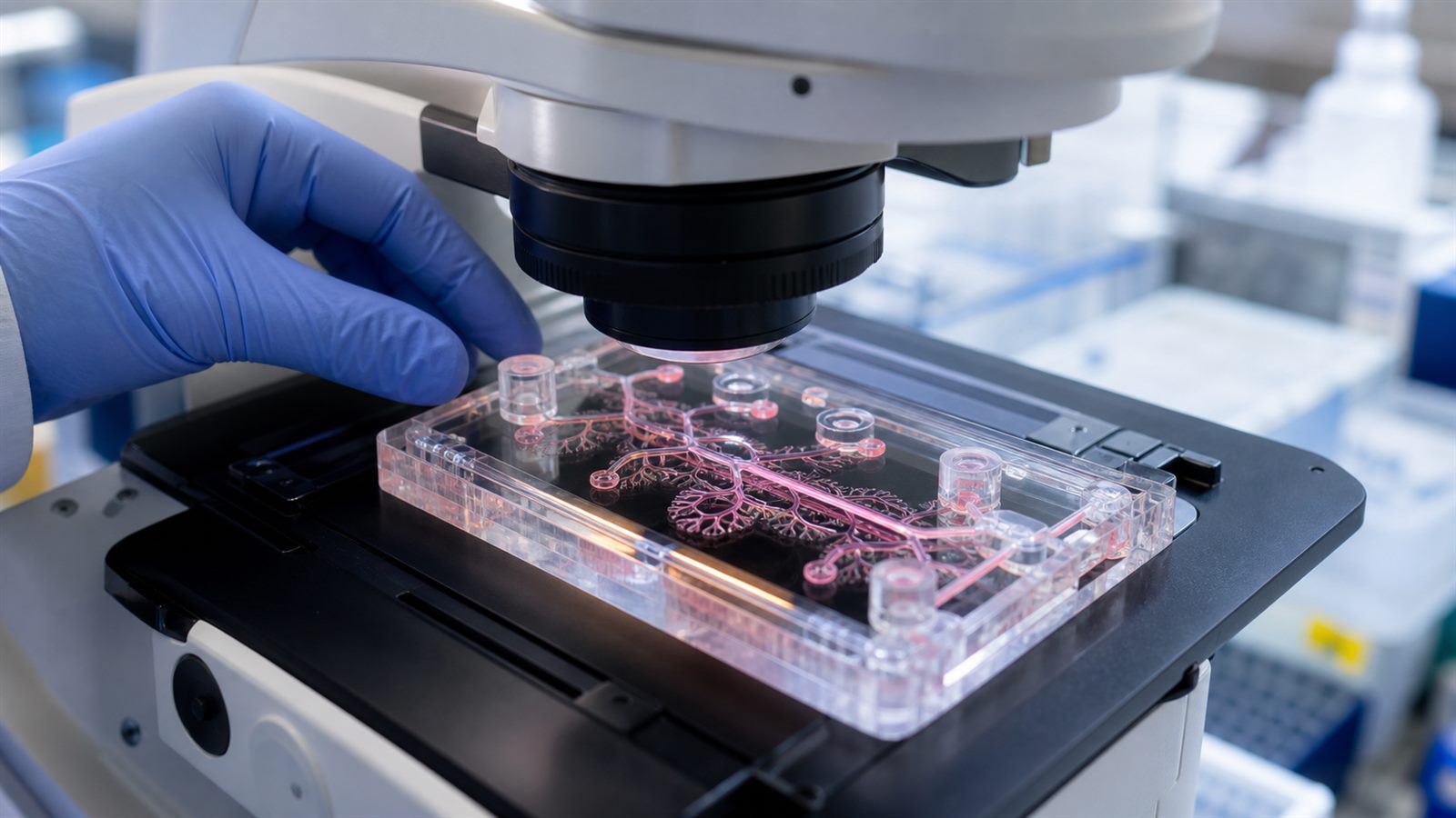 Gloved researcher examining transparent microfluidic channels containing living human tissue under a laboratory microscope