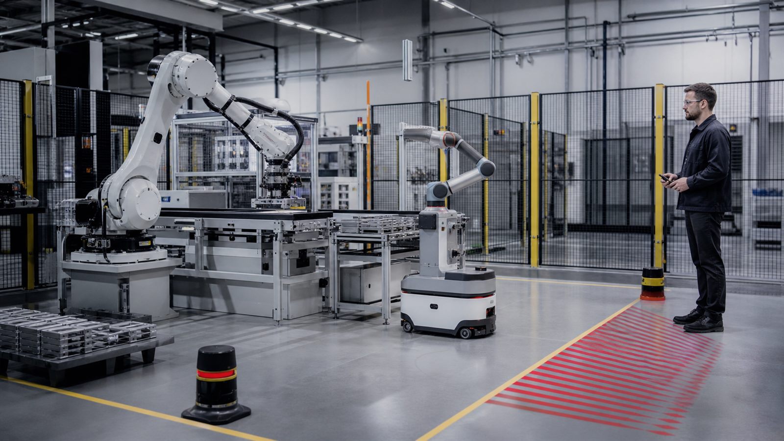 Worker observing a fixed robot arm and mobile manipulator inside a clearly safeguarded industrial workspace