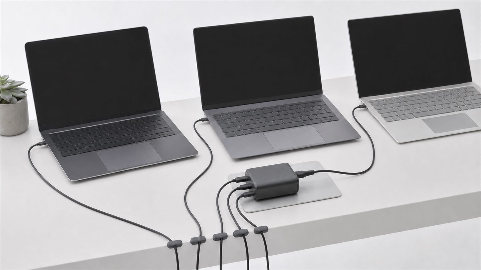 Several unbranded laptops connected to compact USB-C power adapters and clearly visible reversible cables