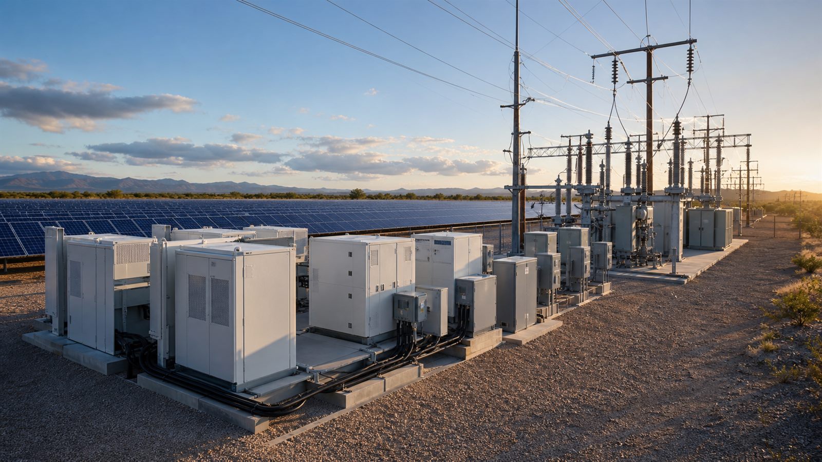 Utility-scale battery and inverter equipment connected to a solar plant and electrical substation