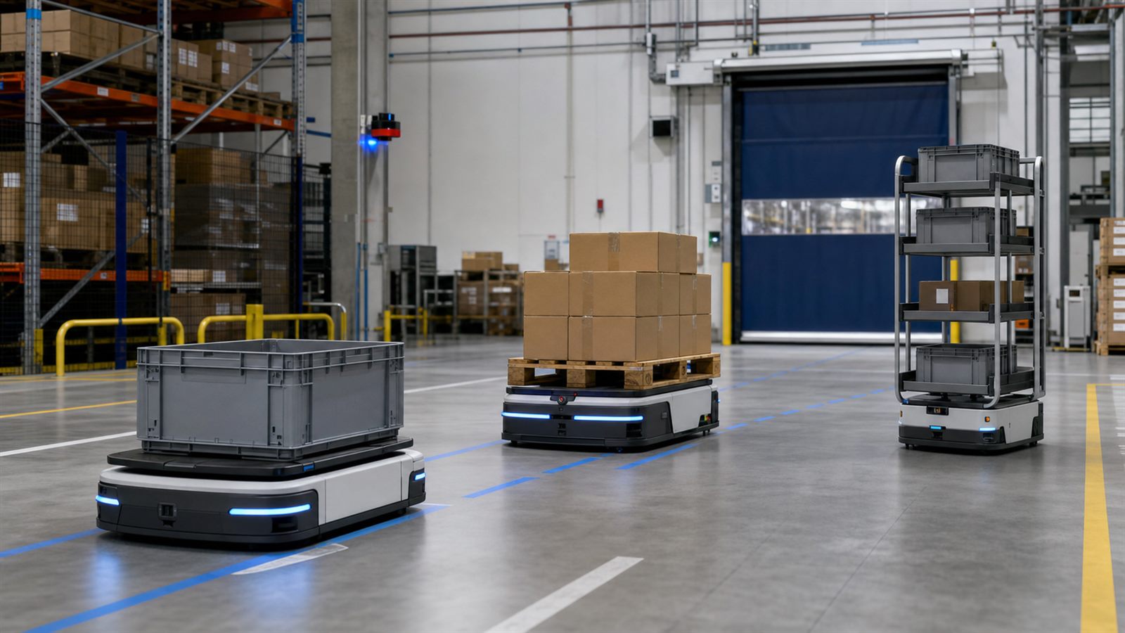 Three distinct unbranded mobile robots carrying totes and a pallet through coordinated warehouse lanes