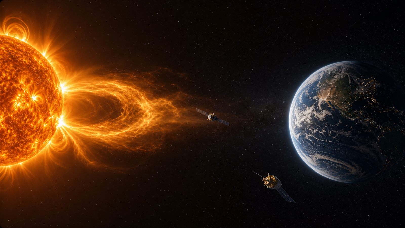 Solar observatory spacecraft monitoring a coronal mass ejection traveling toward Earth