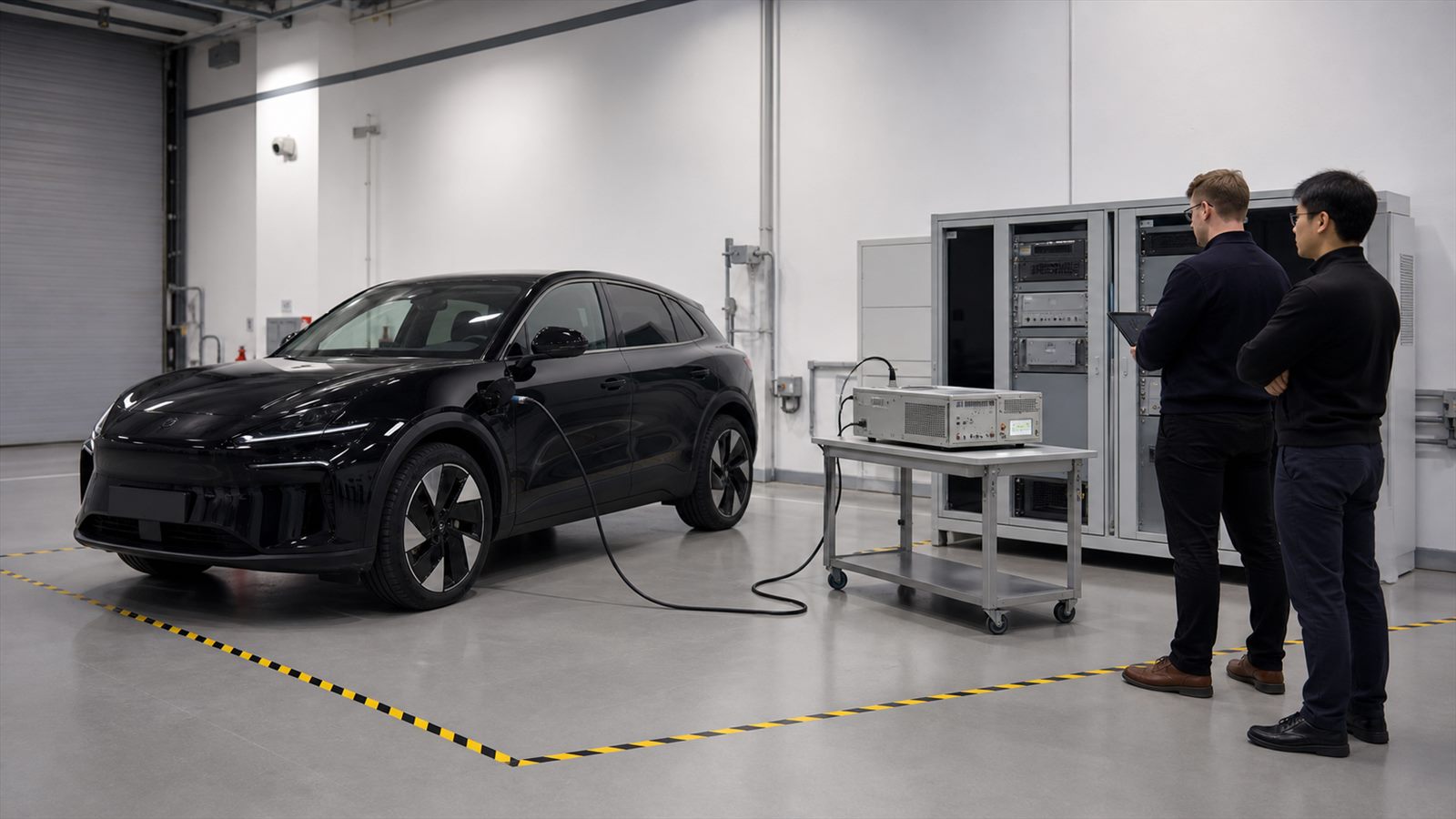 Unbranded electric car connected to diagnostic and network test equipment during a controlled software update