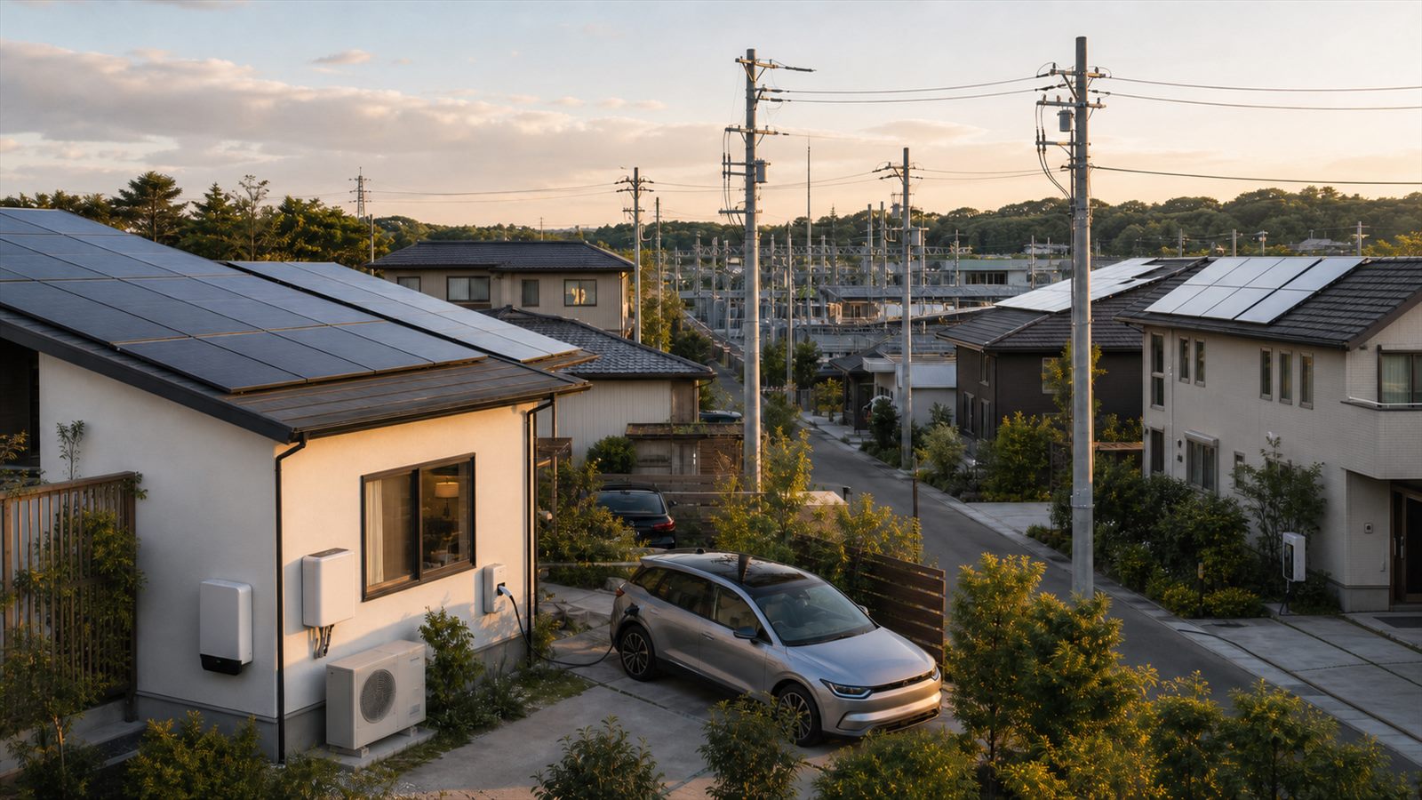 Neighborhood homes with rooftop solar, batteries, heat pumps, and electric vehicles connected to local grid equipment