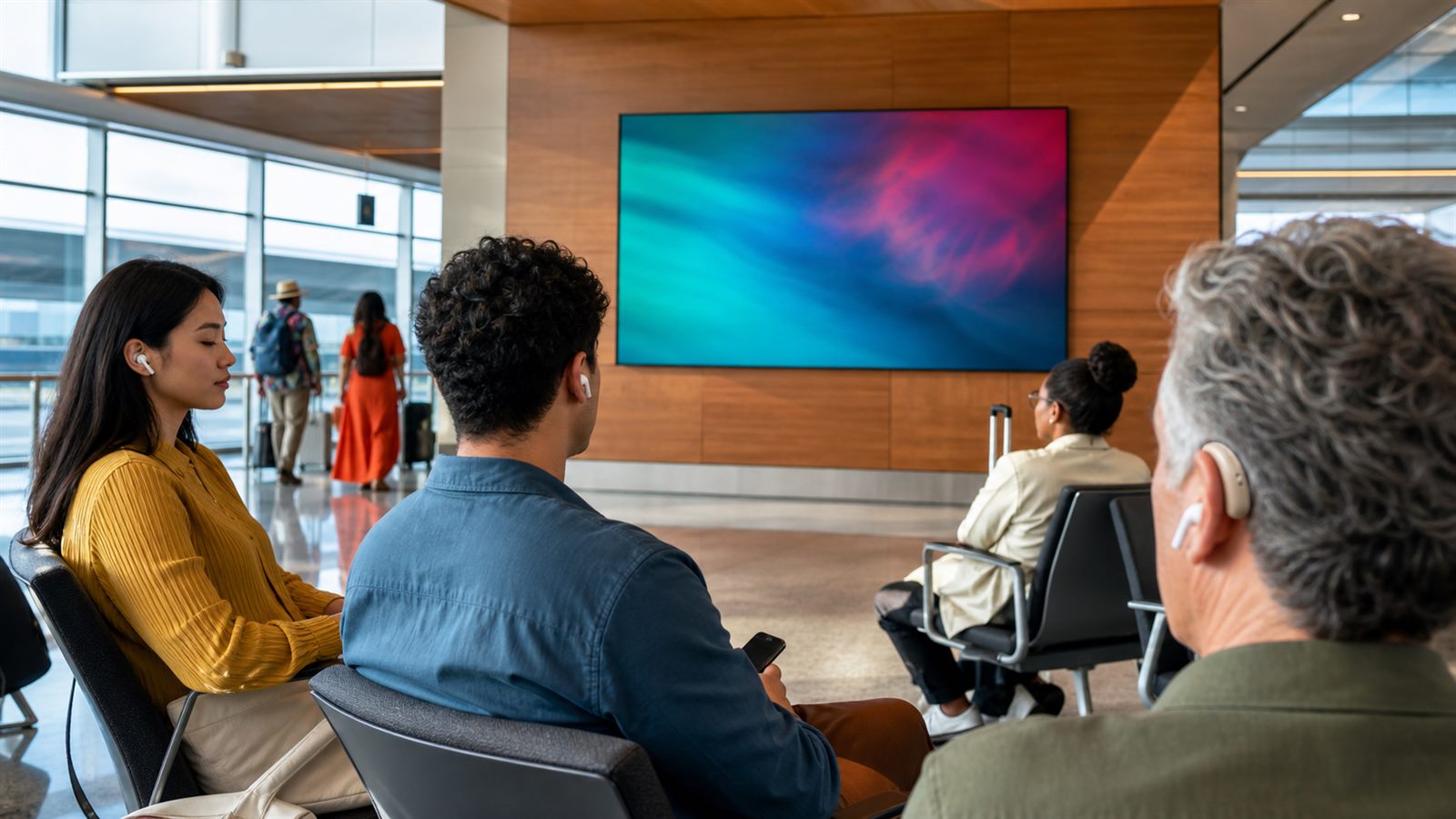 Travelers using earbuds and hearing devices to listen to a silent public display in a bright transit lounge