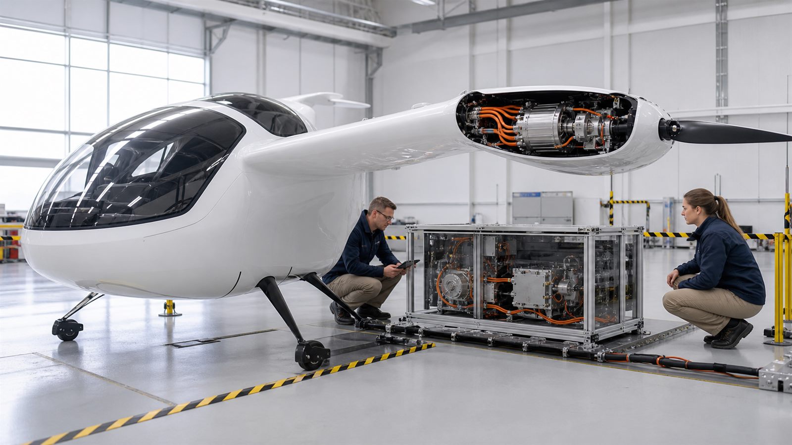 Engineers testing an unbranded electric aircraft motor and battery system in an aviation laboratory