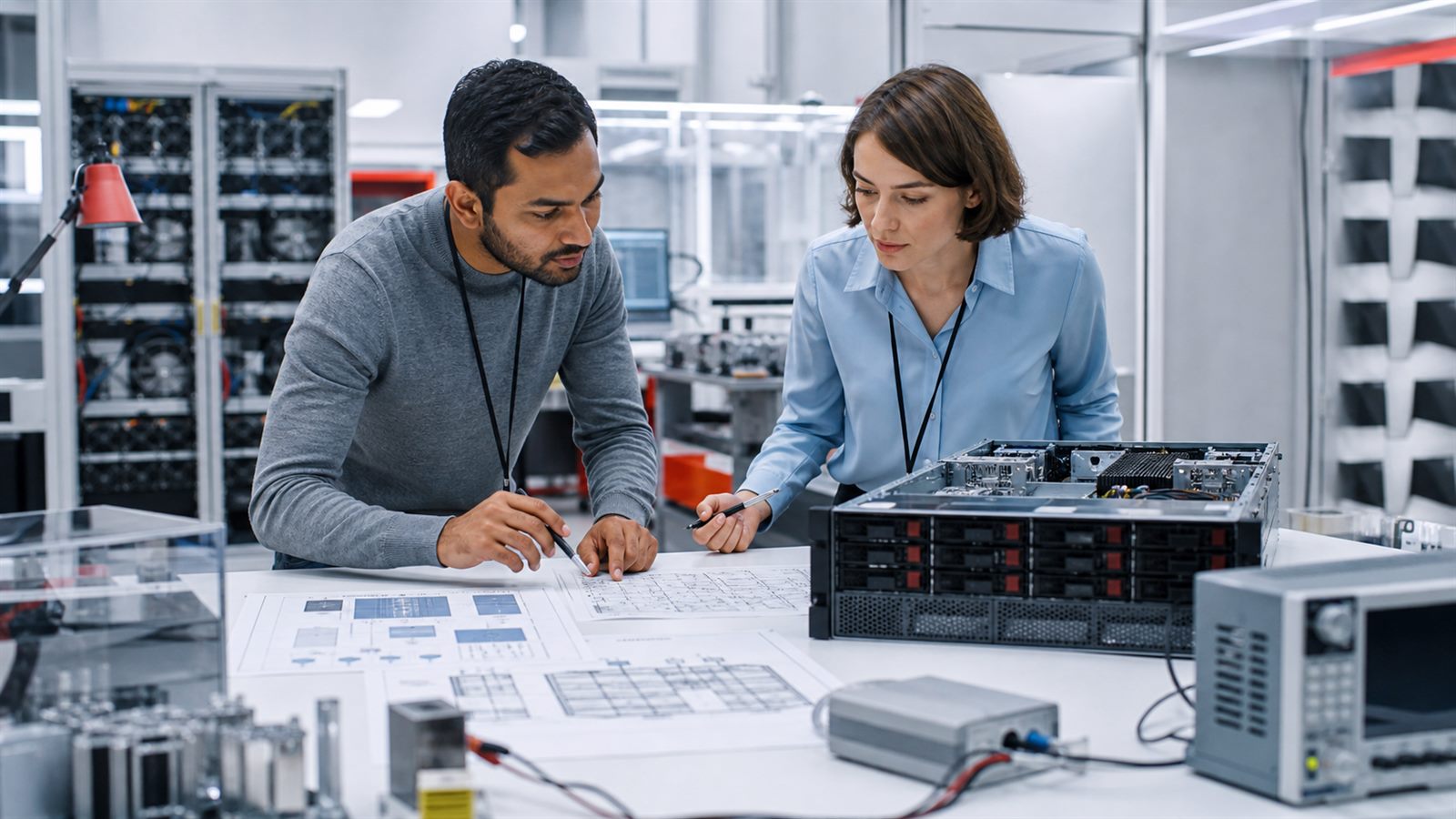 AI engineers reviewing model evaluation evidence and technical documentation in a European compliance laboratory