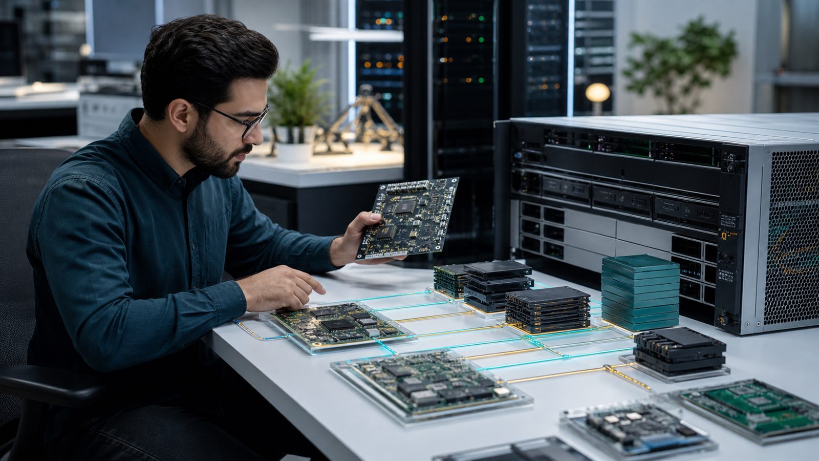 Security analyst examining modular software components represented by connected circuit boards in a clean operations lab