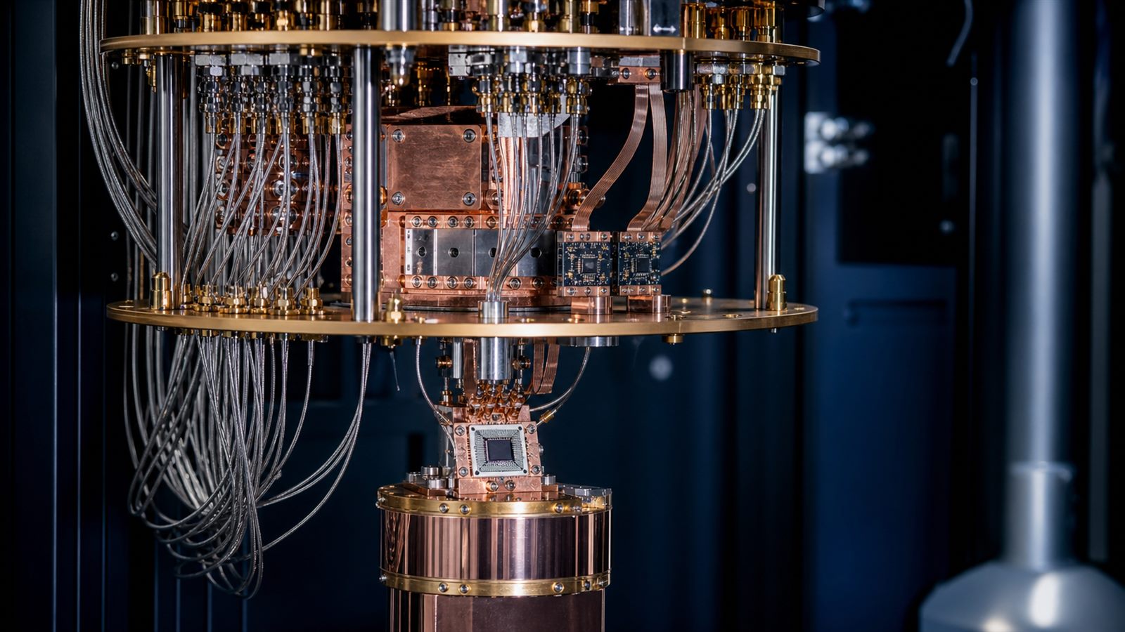 Open dilution refrigerator showing a quantum processor and carefully routed cryogenic control electronics