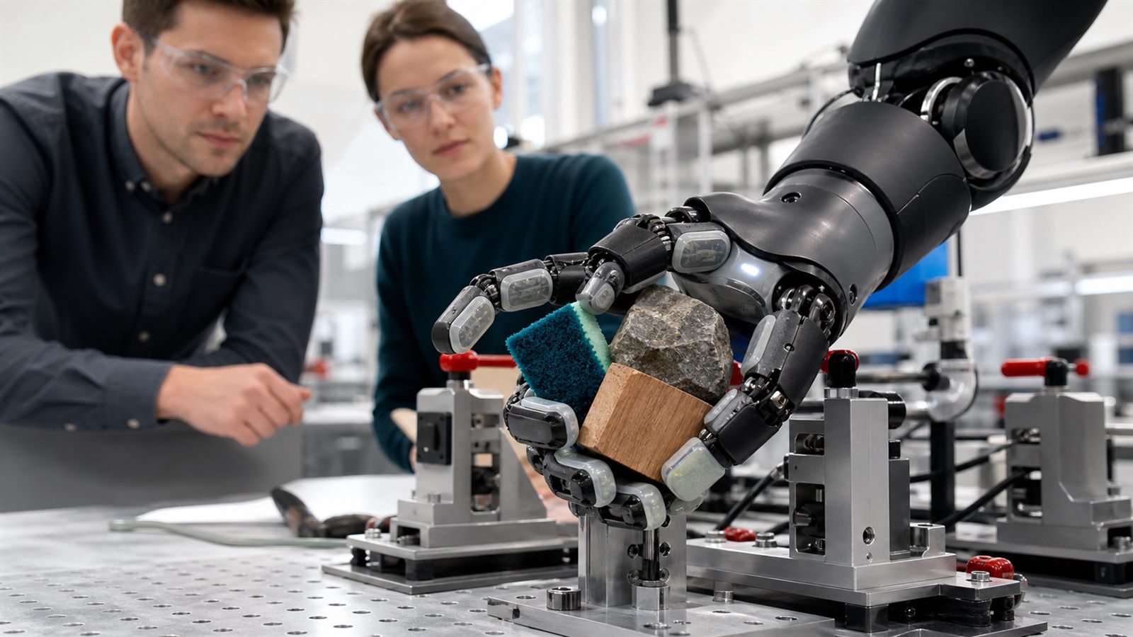 Unbranded robotic hand gently handling irregular objects on a tactile sensing test bench
