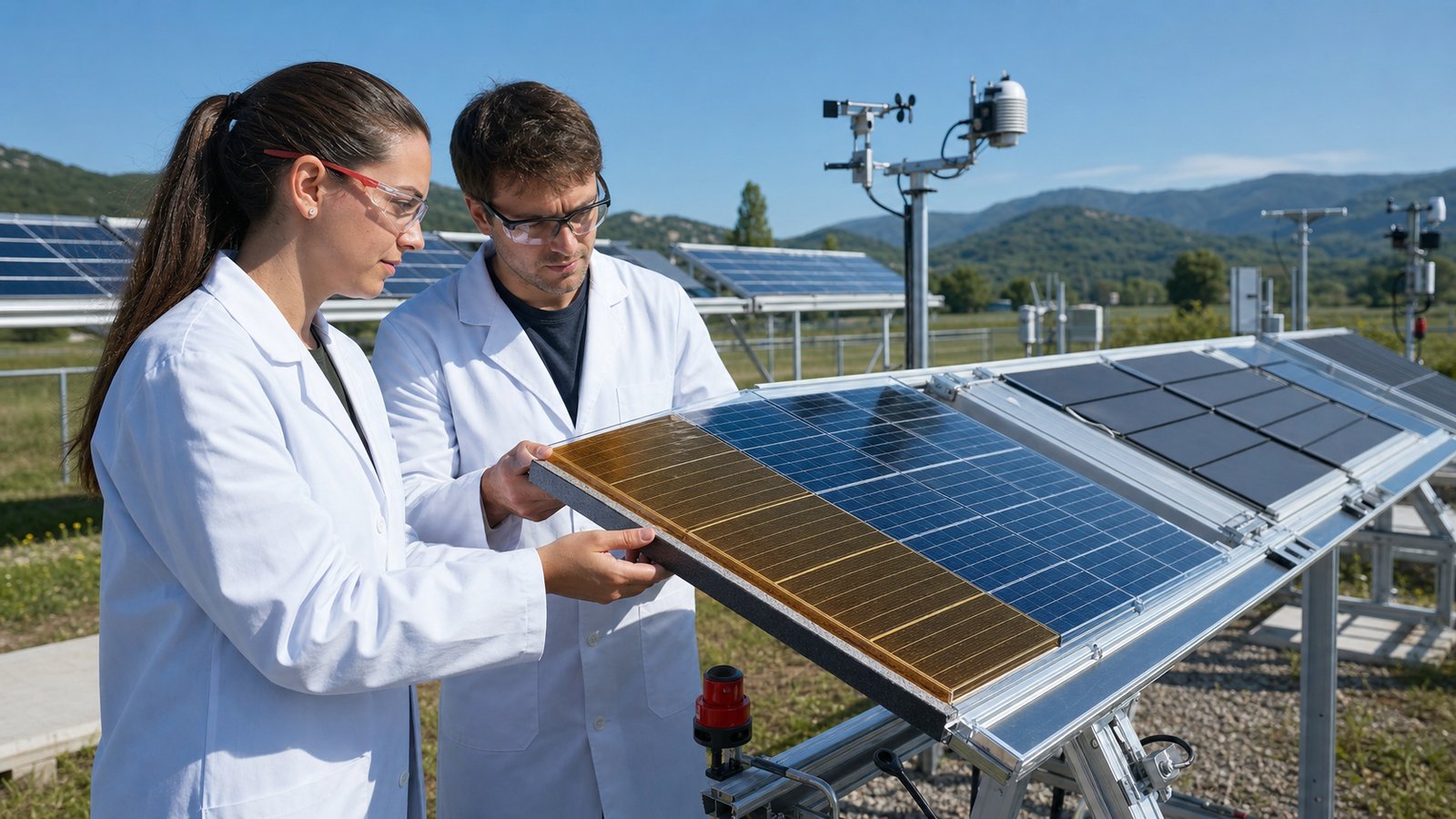 Solar researchers inspecting unbranded tandem photovoltaic modules in an outdoor reliability test array