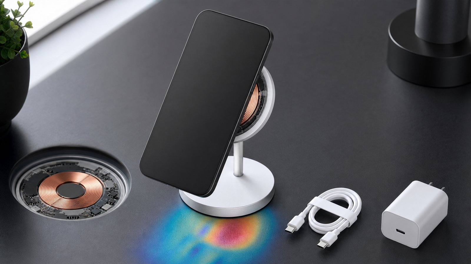 Unbranded smartphone aligned on a circular magnetic wireless charging stand with a USB-C power adapter