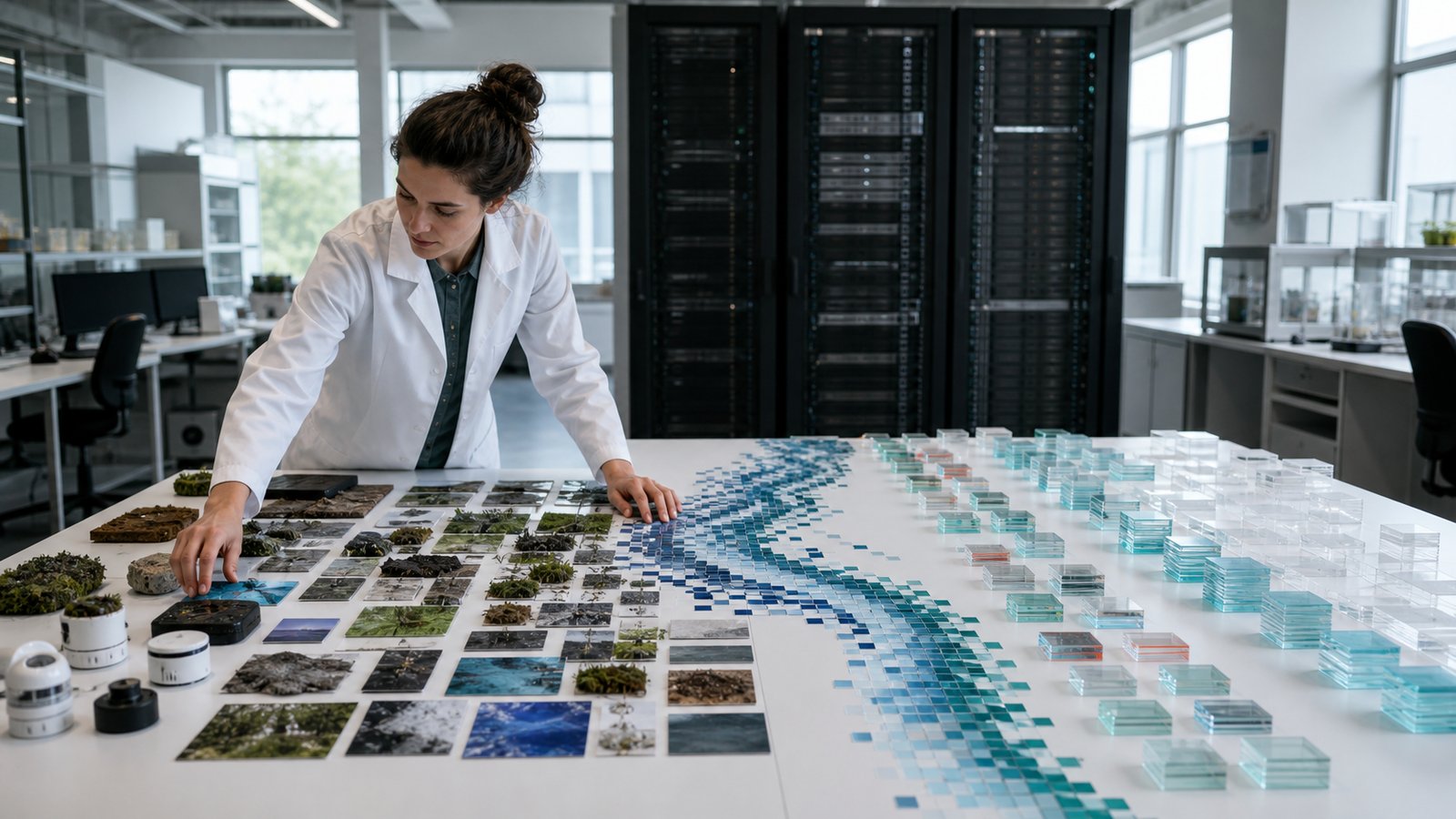 Researcher comparing varied real-world samples with generated data beside an AI training server