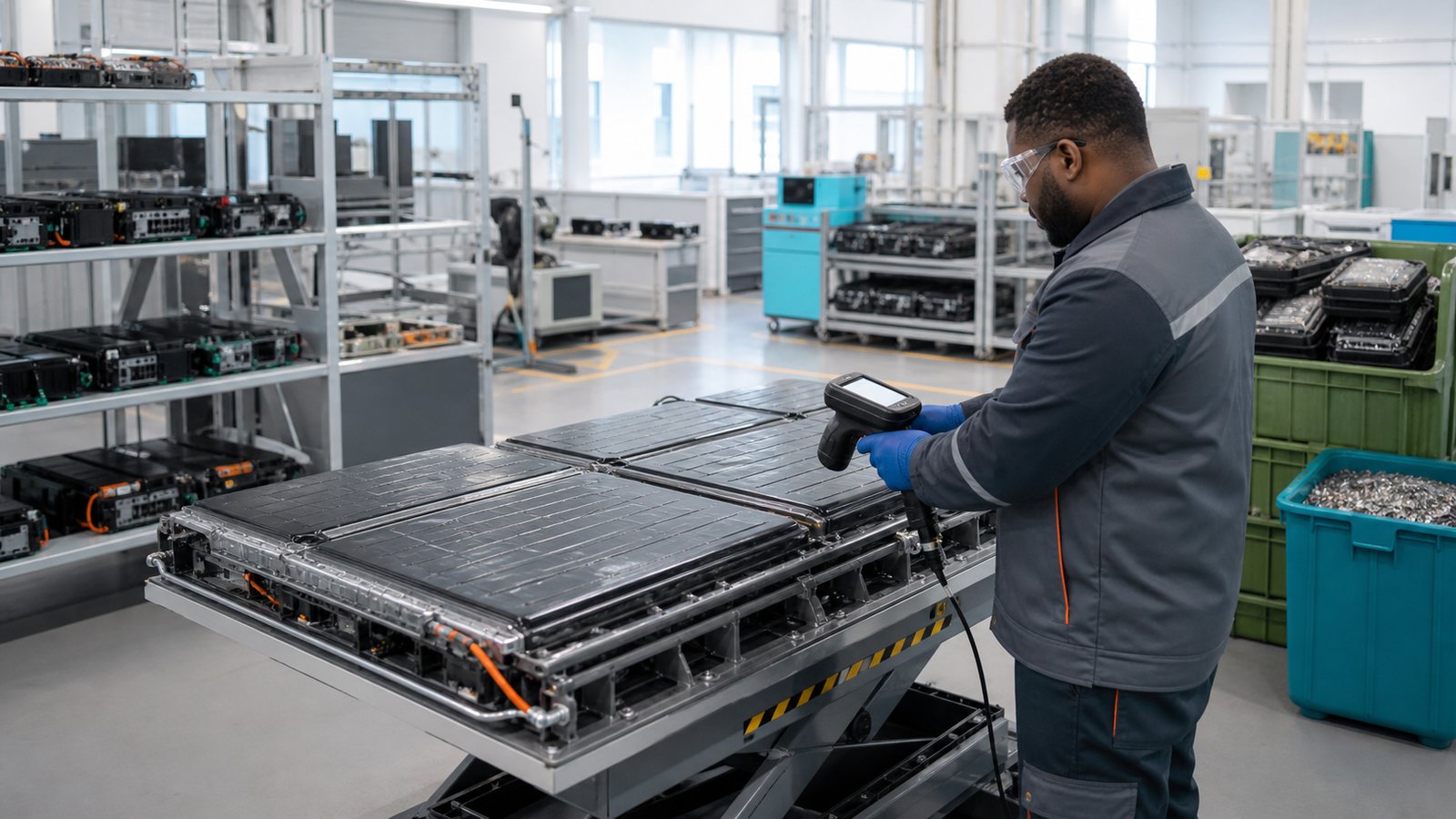 Technician inspecting an unbranded electric vehicle battery pack beside second-life modules and recycling containers