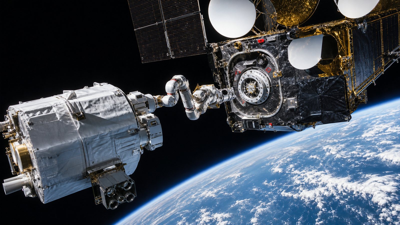 Unbranded servicing spacecraft approaching a communications satellite through a prepared docking interface above Earth