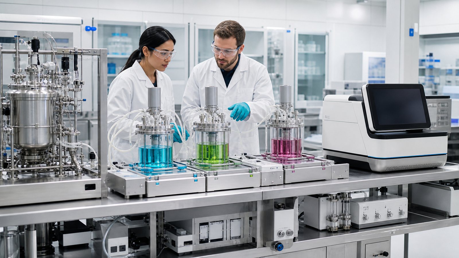 Scientists comparing three distinct gene-editing therapy samples produced through a shared laboratory platform