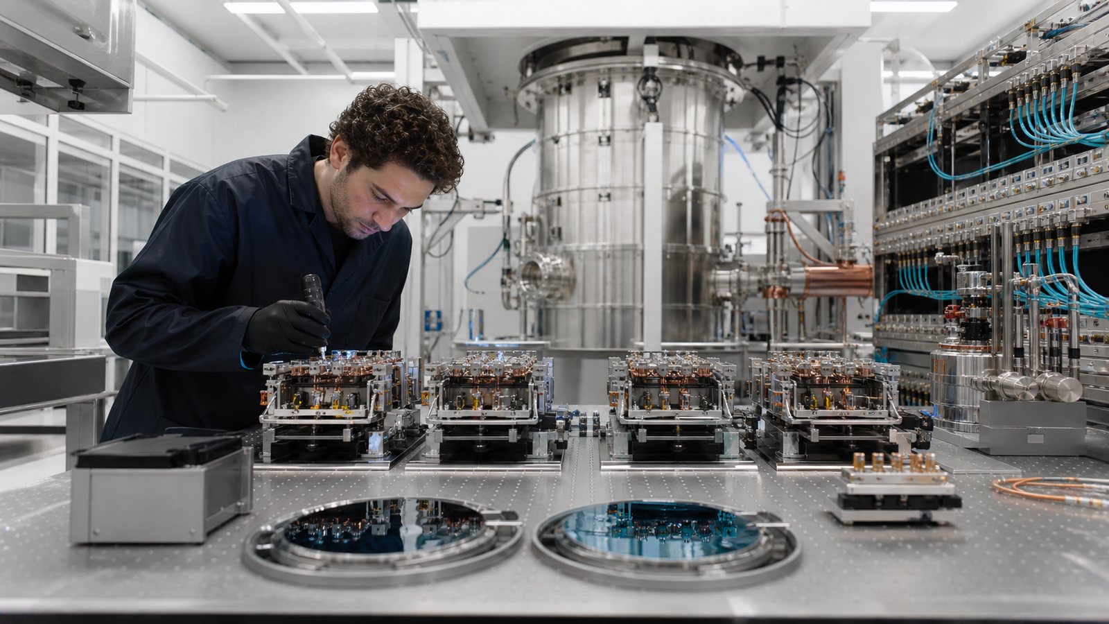 Engineer inspecting unbranded quantum hardware modules beside cryogenic and photonic manufacturing equipment