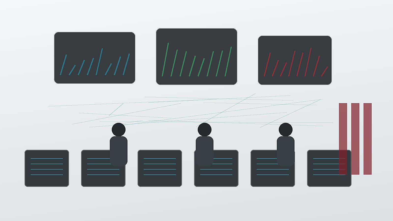 Operators reviewing an unbranded infrastructure control room with AI risk monitoring displays kept unreadable