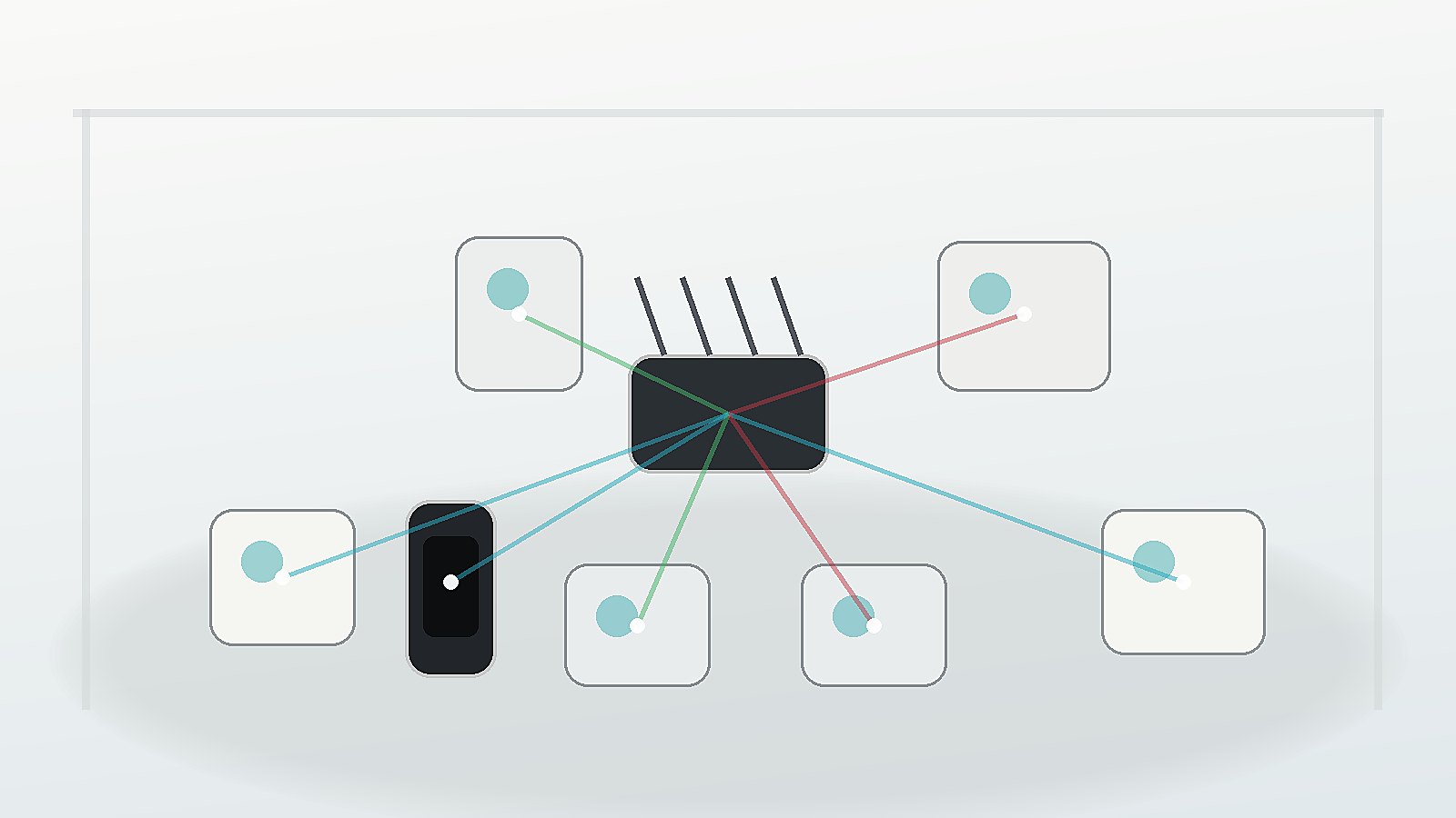 Unbranded smart home devices on a table with a router and phone showing blank screens during setup