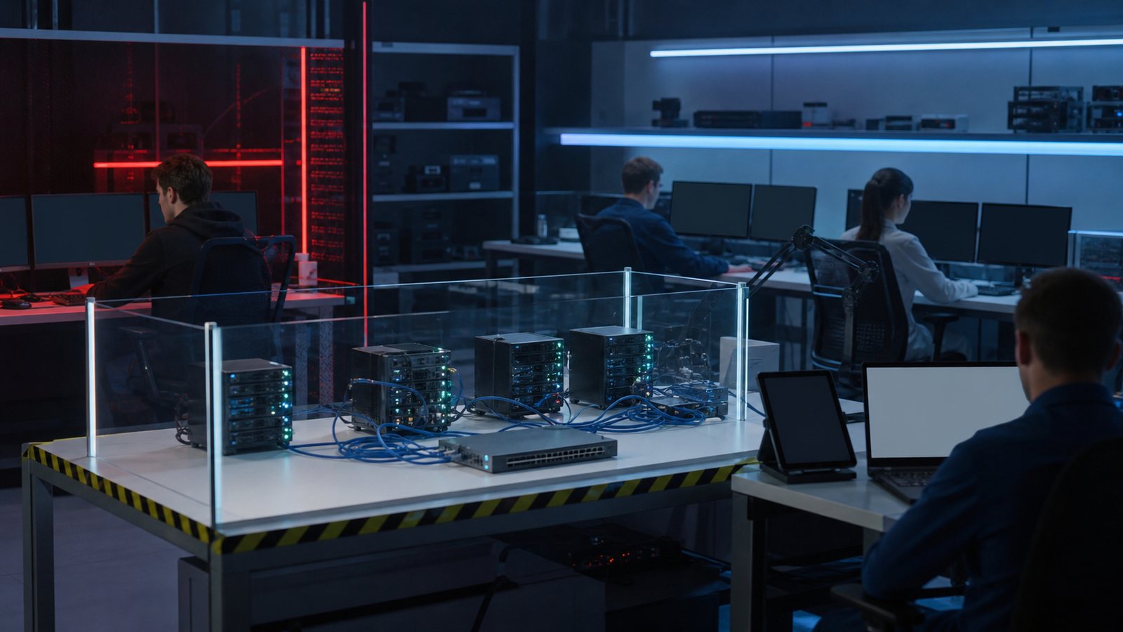 Unbranded cybersecurity lab showing a controlled network range and supervised AI evaluation workstation with blank screens