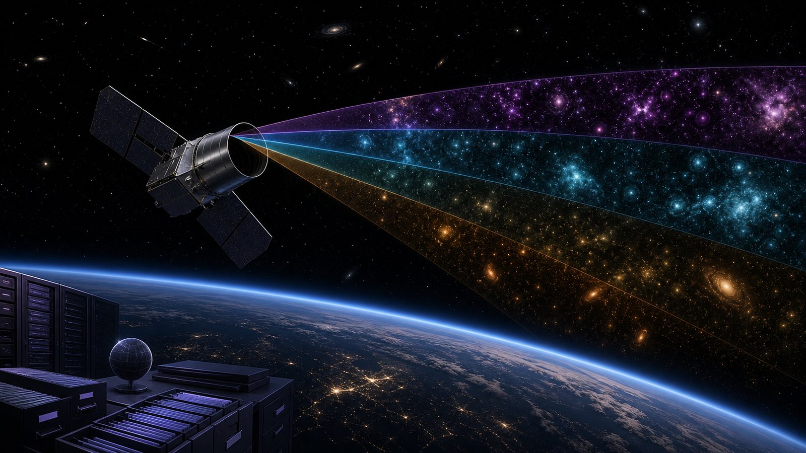 Unbranded infrared space telescope scanning a curved star map with data archive elements in the background