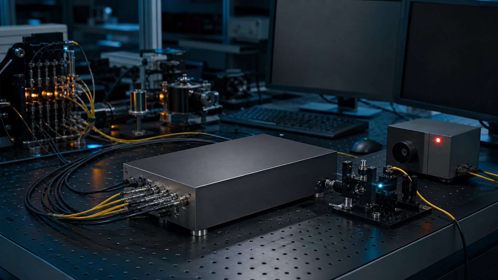 Unbranded optical quantum random number generator on a laboratory validation bench with blank measurement screens