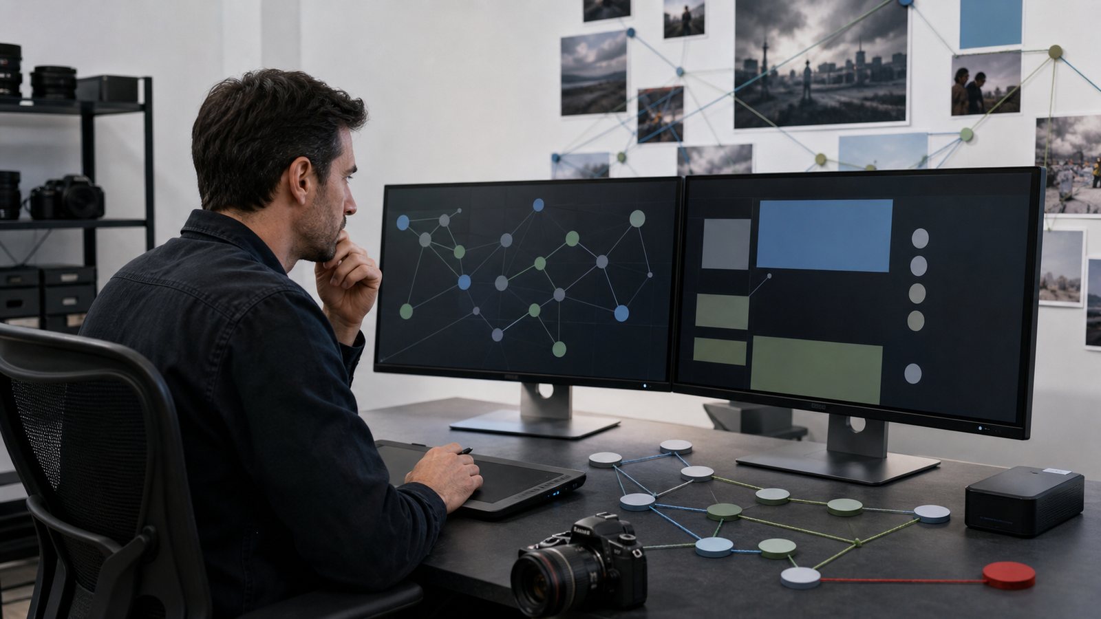 Editor reviewing an unbranded digital photo workflow with visible chain-of-custody stages on blank screens