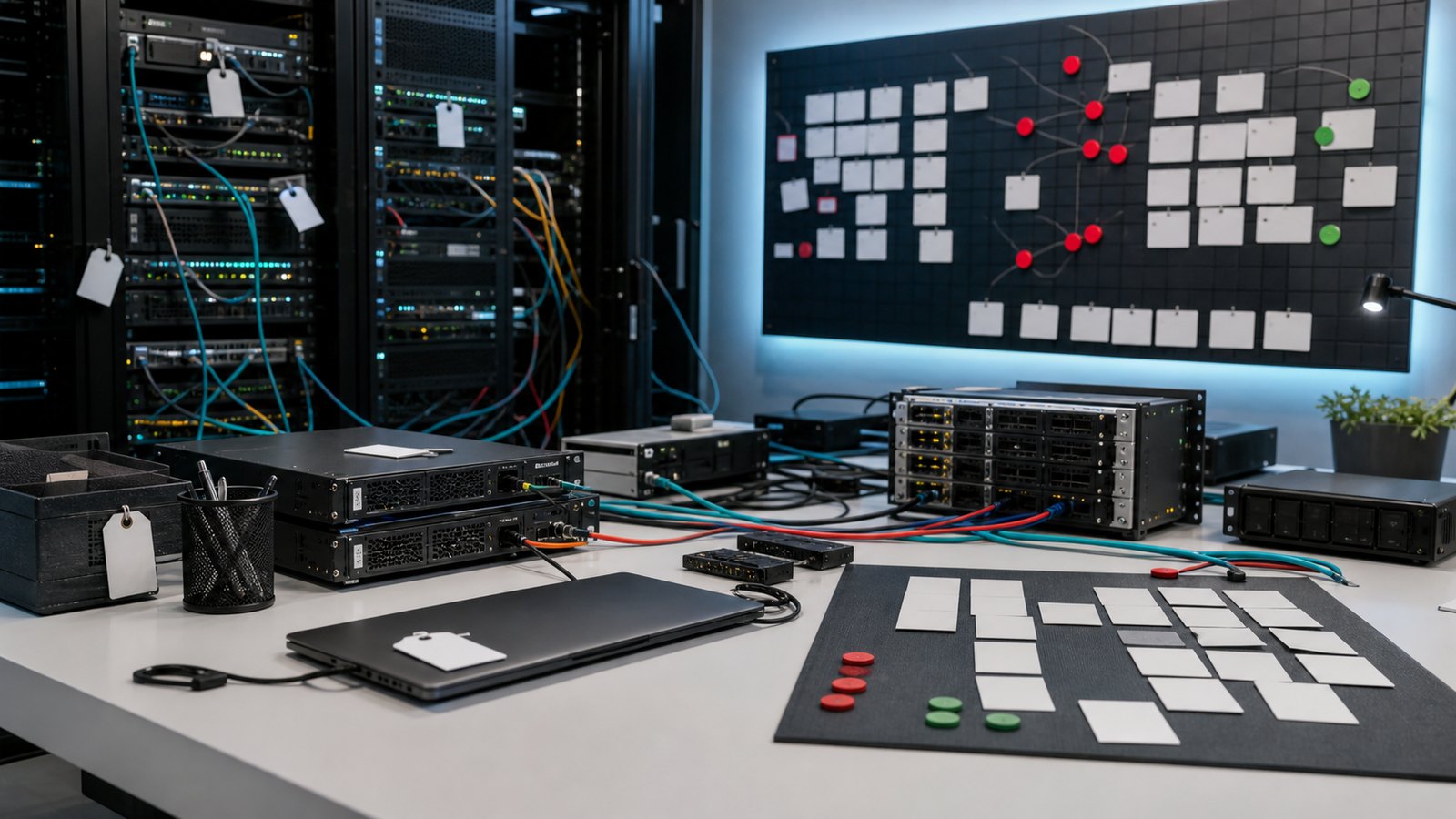 Security operations workbench with unbranded server modules, blank asset cards, and risk markers