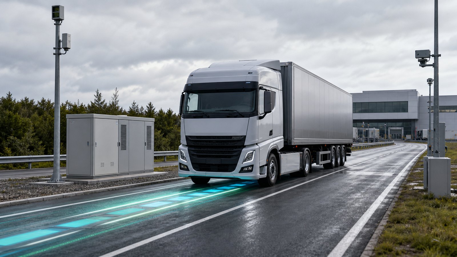Unbranded heavy electric truck driving over embedded electric road charging segments on a test lane