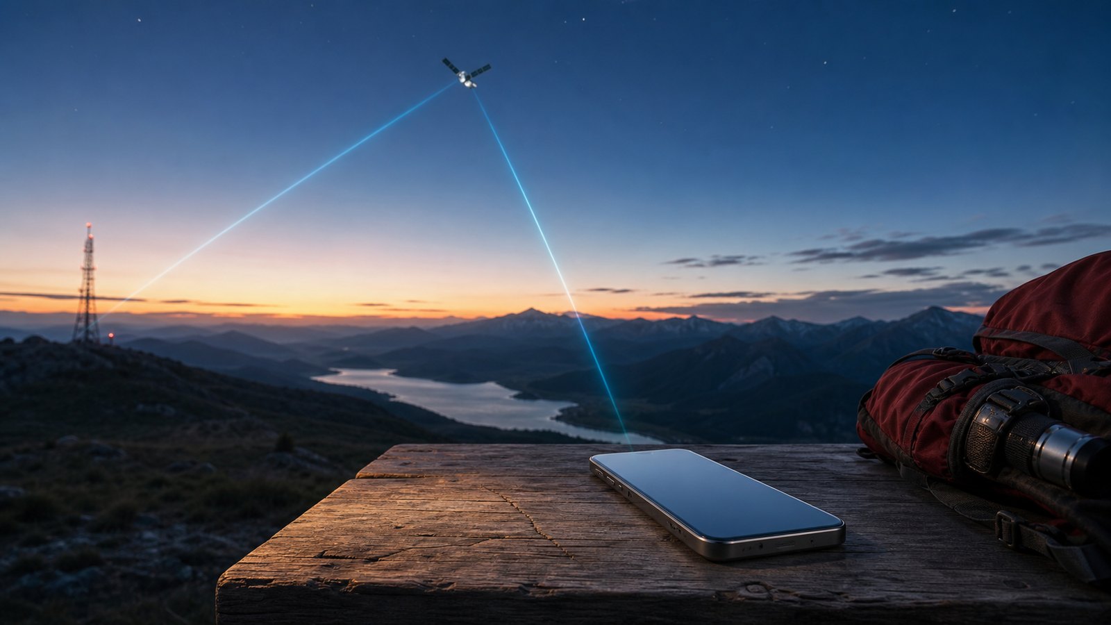 Unbranded smartphone on an outdoor table receiving a satellite signal in a remote mountain valley