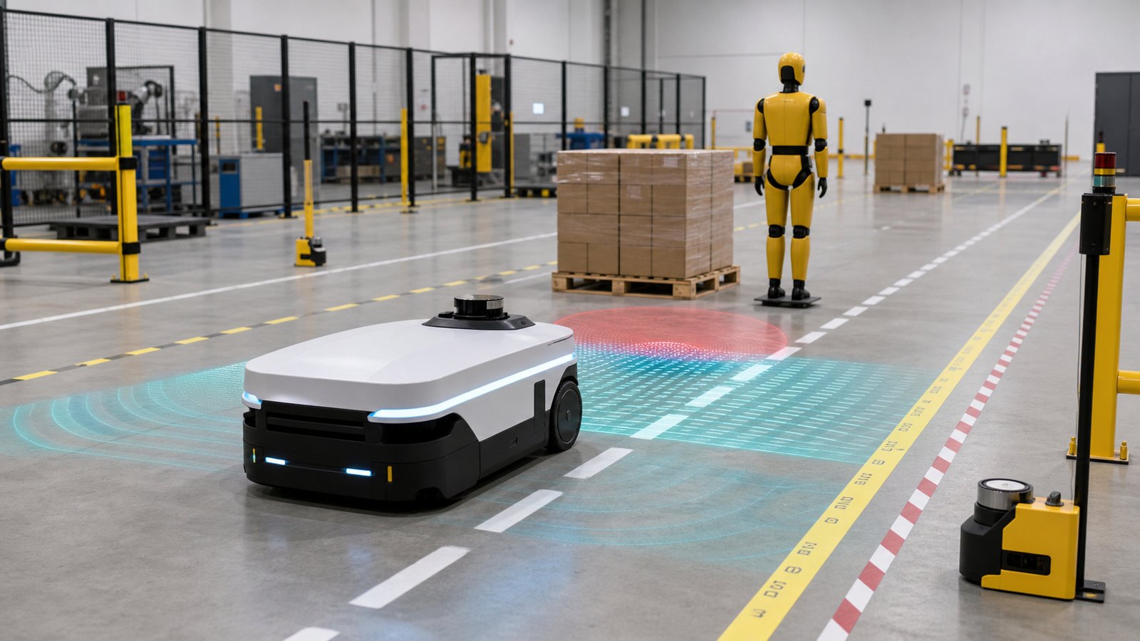 Unbranded autonomous mobile robot navigating a warehouse safety test lane with pallets and sensor zones