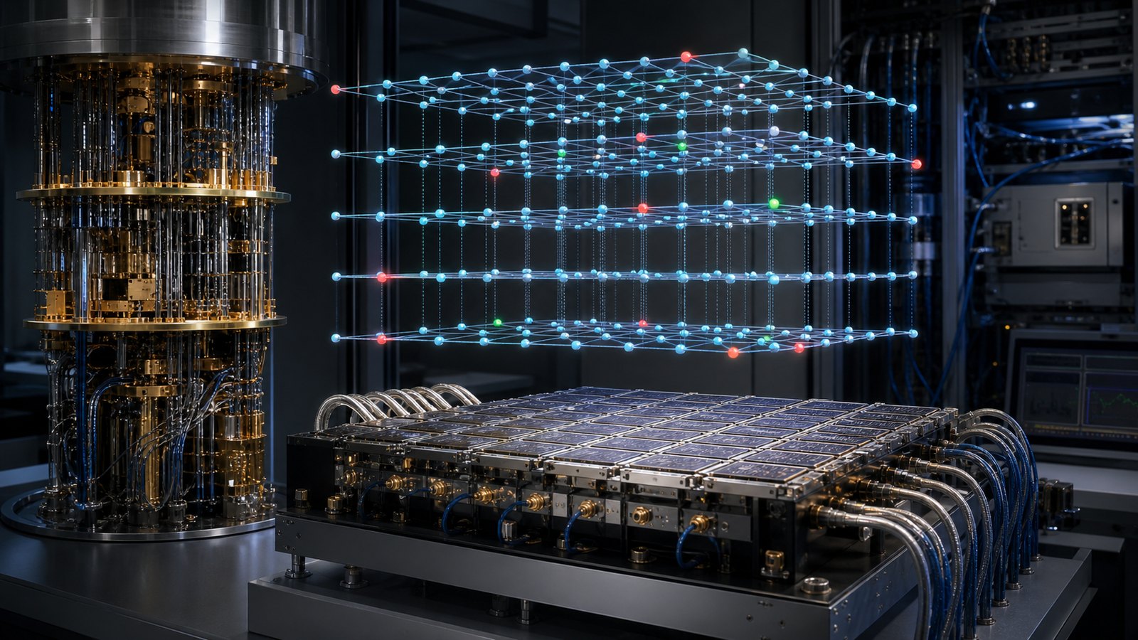 Cryogenic quantum computing lab with a qubit chip and abstract error-correction lattice visualization