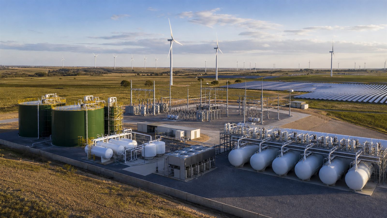 Flow-battery tanks, thermal vessels, and compressed-air equipment connected to a substation near wind and solar generation
