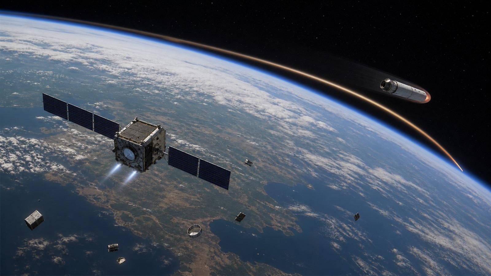 Operational satellite maneuvering among tracked debris while a retired upper stage follows a reentry path