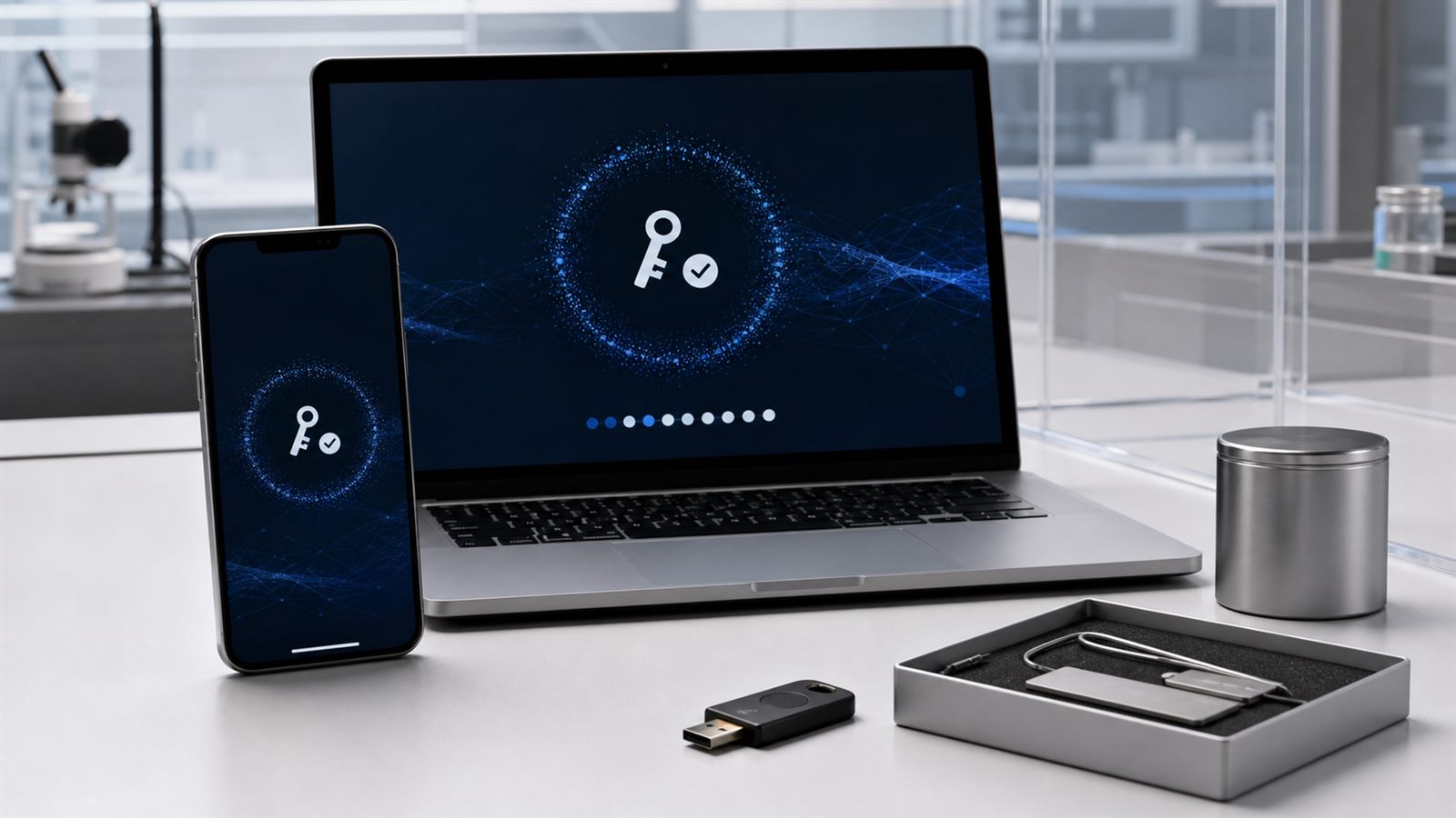 Unbranded phone and laptop completing cryptographic authentication beside separate hardware recovery devices