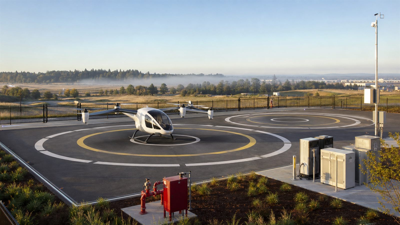 Unbranded electric vertical-takeoff aircraft on a geometric landing pad beside charging and safety equipment