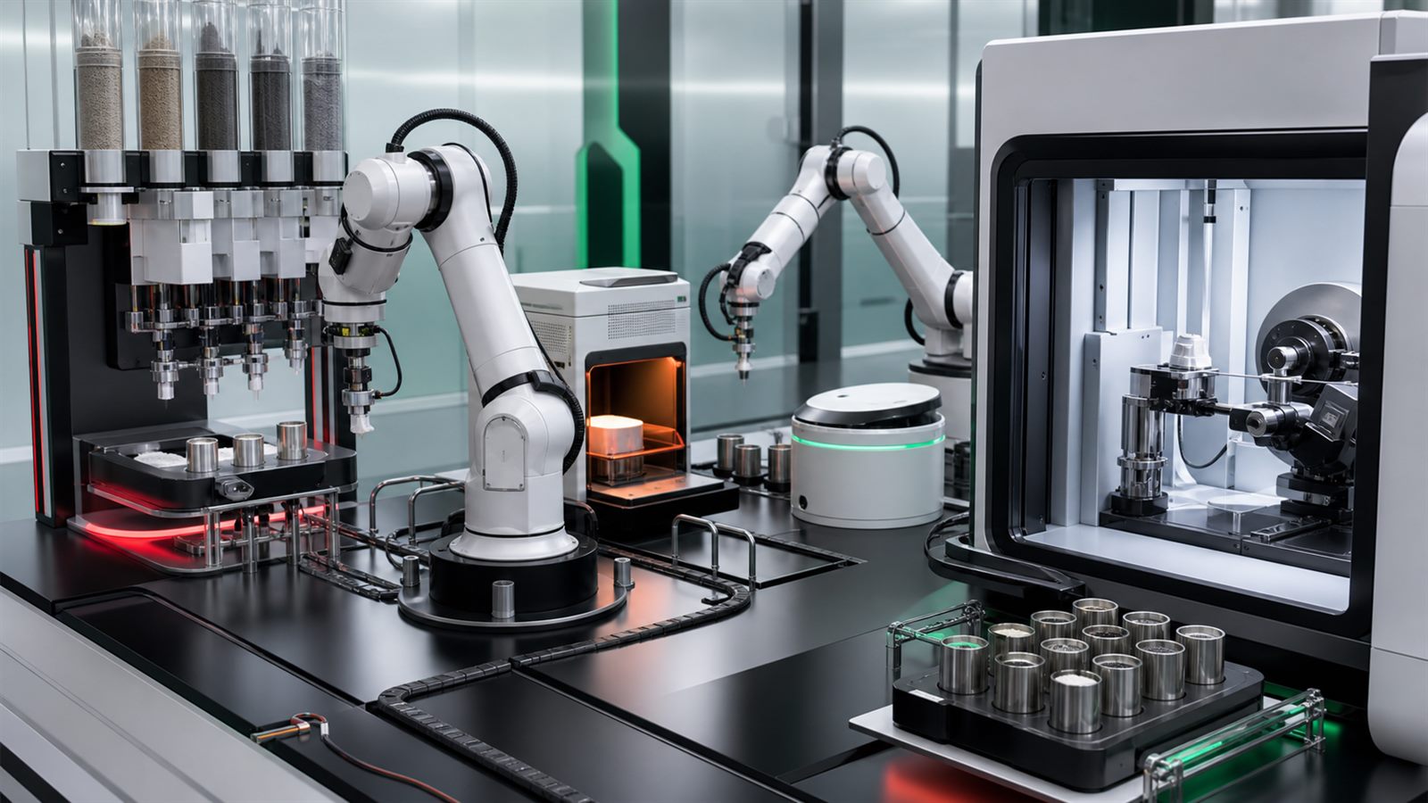 Robotic arms moving material samples among automated dispensing, heating, and characterization instruments in a clean laboratory