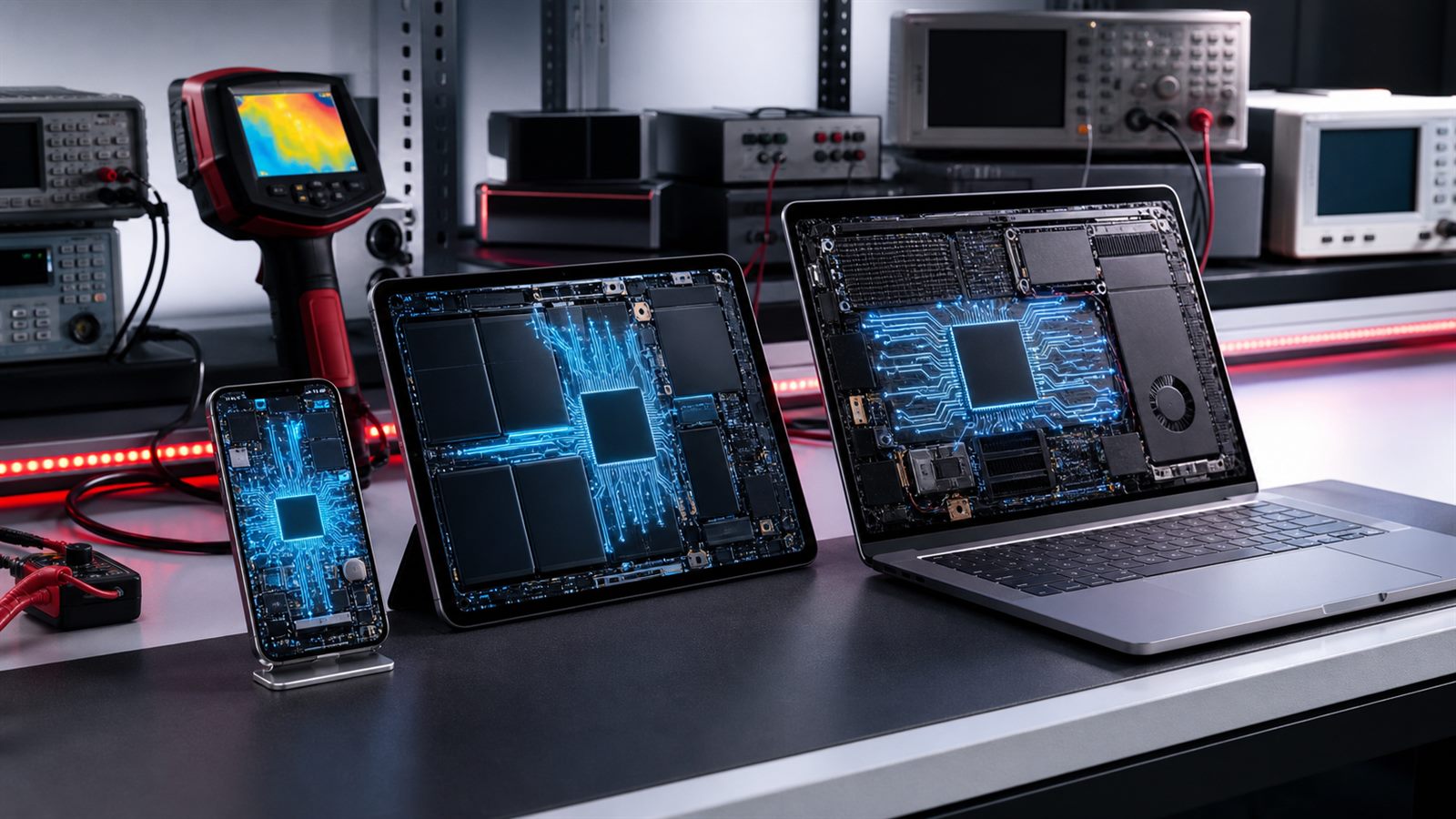 Unbranded phone, tablet, and laptop on a test bench with local neural processing and thermal measurement equipment