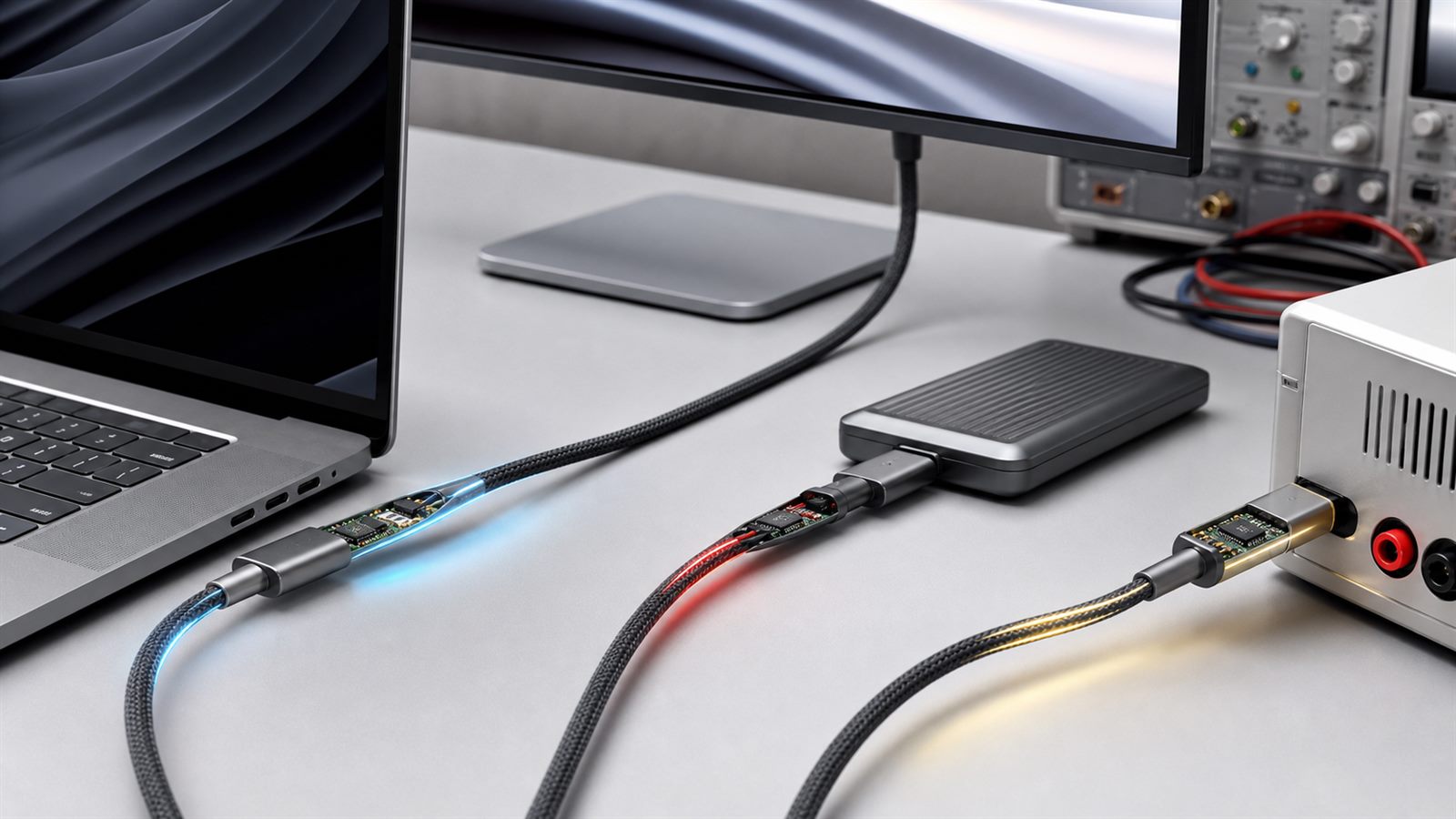 Similar USB-C cables on an electronics bench with cutaway connectors showing different internal components and signal paths