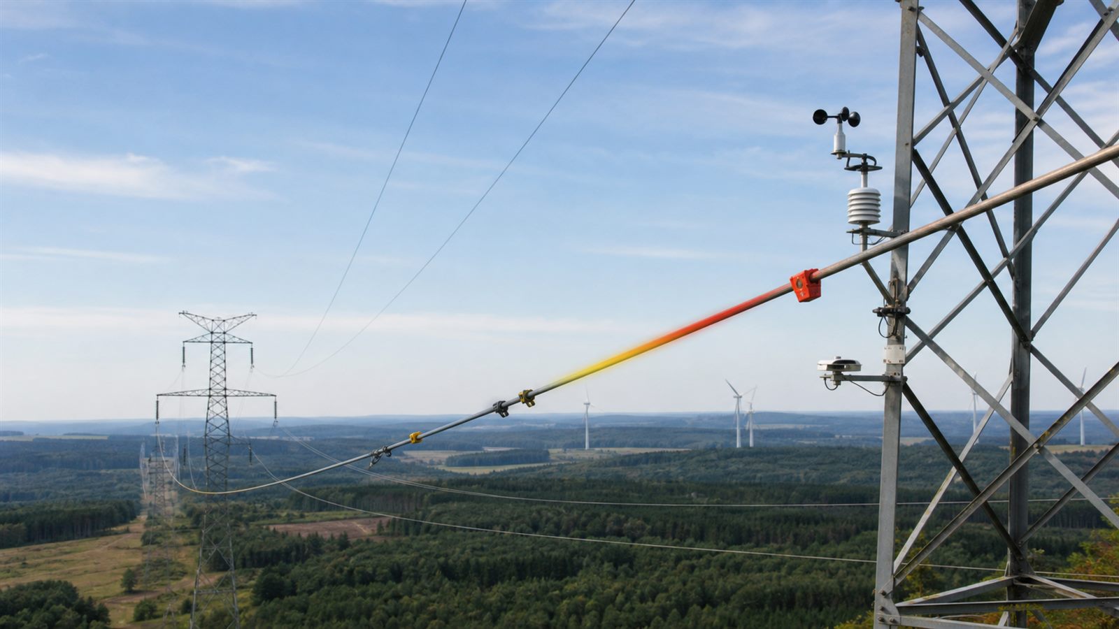 High-voltage transmission corridor fitted with wind, temperature, and conductor sensors on a cool day near wind turbines