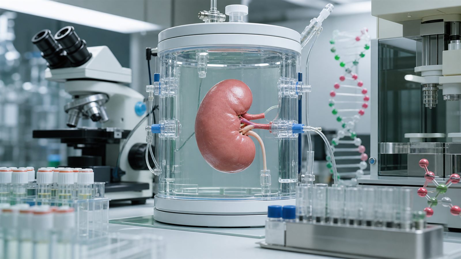Kidney-shaped organ in a preservation chamber beside genetic analysis and pathogen-screening equipment in a clean laboratory