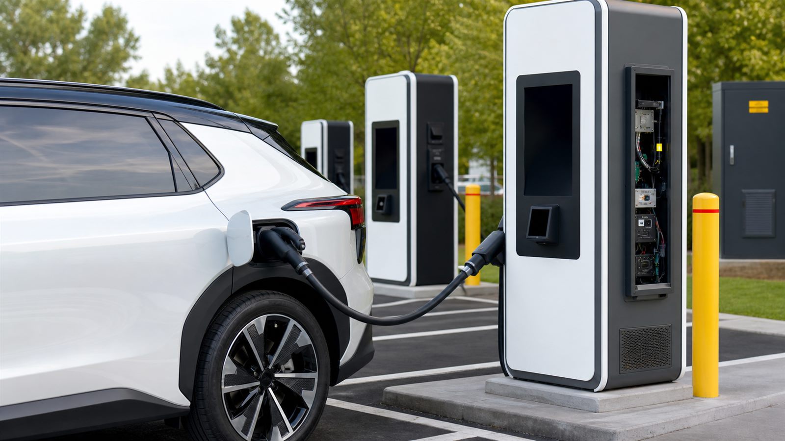 Unbranded electric car connected to a public fast charger beside diagnostic and maintenance equipment at a clean charging hub