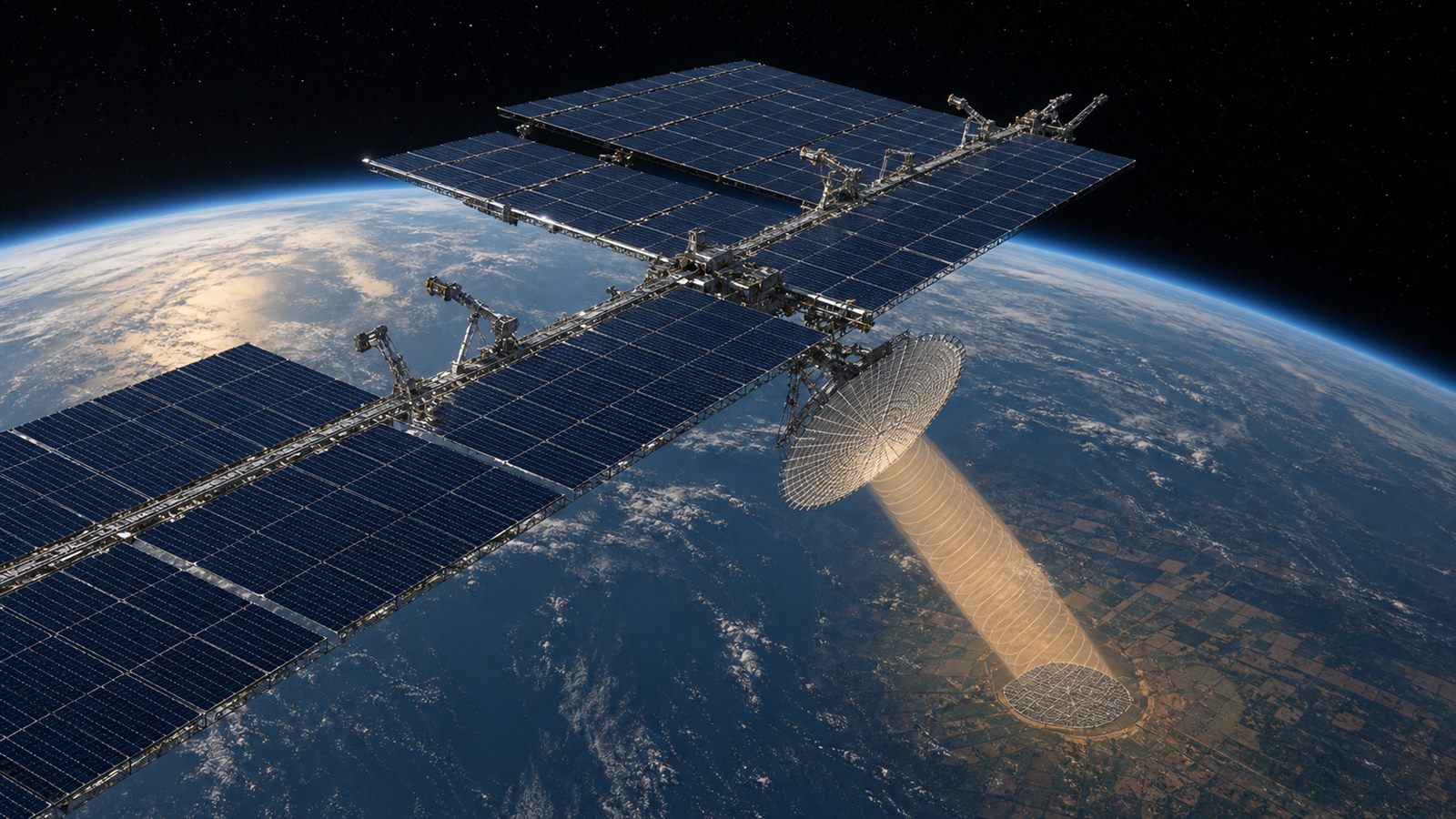 Vast modular solar array in Earth orbit with robotic servicing units and a broad energy transmission toward a ground rectenna