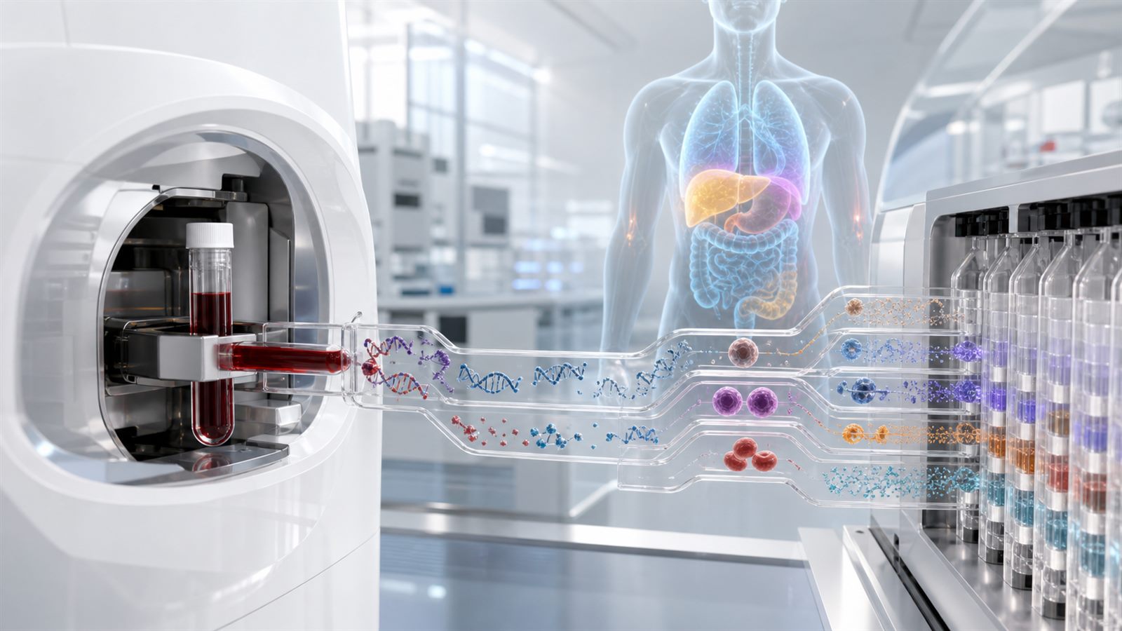 Blood sample entering a molecular analyzer that separates cell-free DNA and biomarkers into multiple cancer screening pathways