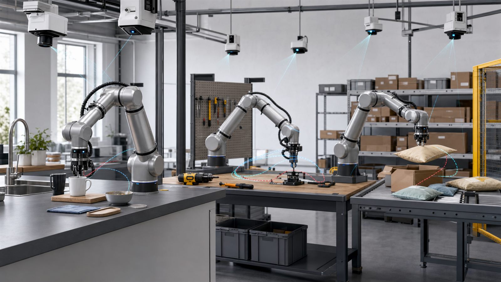 Matching robot arms performing kitchen, workshop, and warehouse tasks while calibrated cameras record varied demonstration data