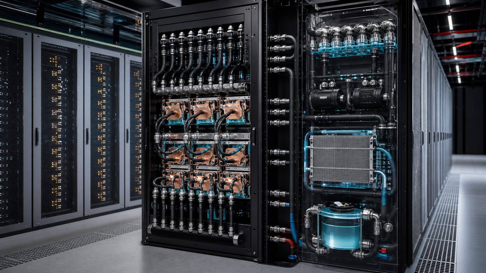Open AI server rack showing accelerator cold plates, sealed coolant hoses, manifolds, pumps, heat exchanger, and coolant distribution unit