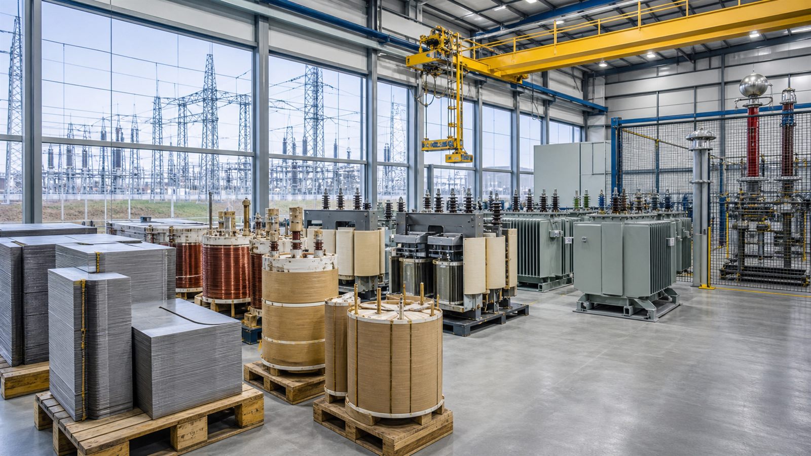 Factory floor with electrical steel laminations, insulated transformer windings, assembled distribution transformers, and a high-voltage test bay