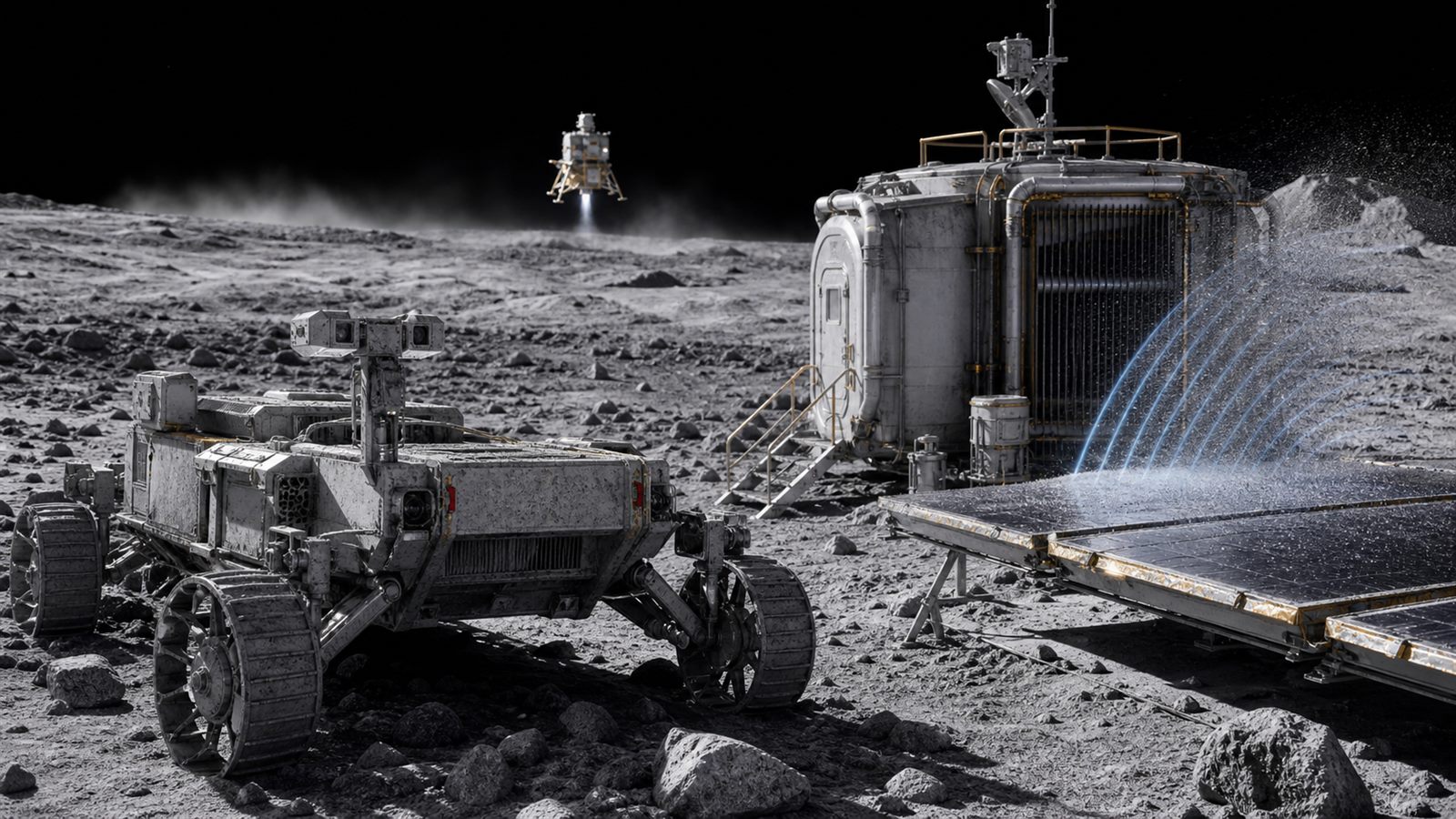 Dust-covered lunar rover and habitat near solar panels protected by an electrodynamic dust shield as a distant lander lifts regolith