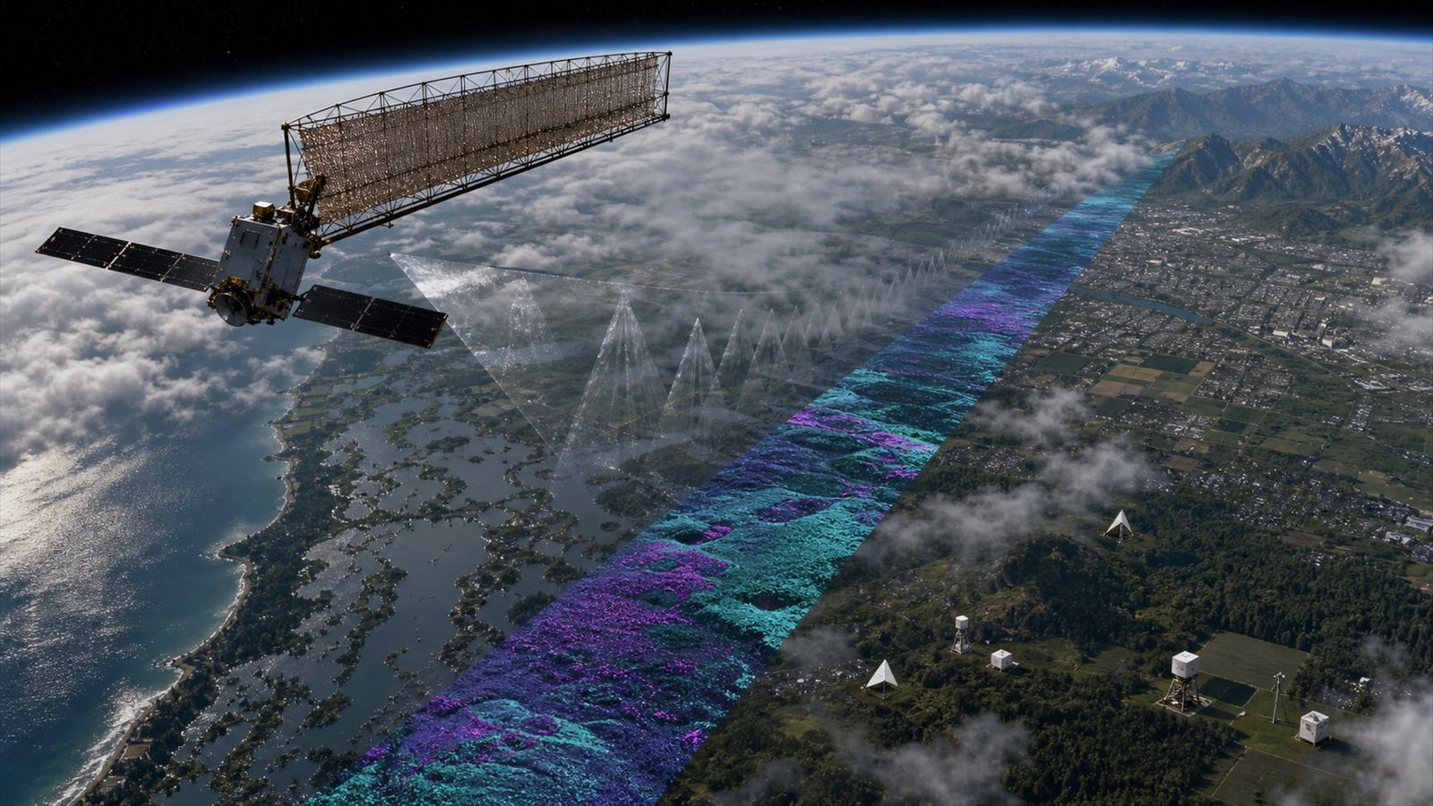 Radar satellite sweeping a false-color observation strip across cloudy coastal terrain while ground calibration reflectors provide reference measurements